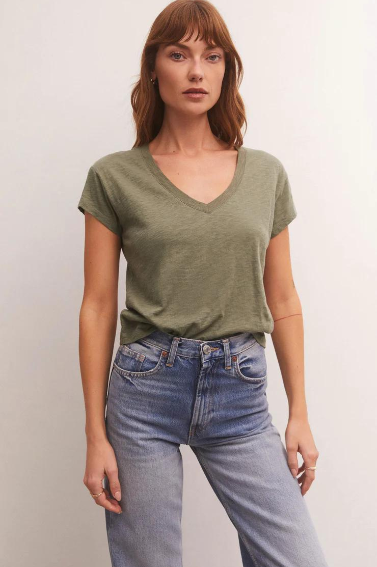 Kim & Cami, Tops, Kim Cami Size Small Olive Green White Vneck Button Down  Short Sleeve Shirt